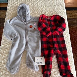 Set of 2 Fleece Footies Size 6-9 Months Red & Black Buffalo Plaid and Gray